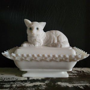 Vtg Westmoreland Milk Glass Cat Covered Dish Lattice Edge, Vtg Milk Glass Cat